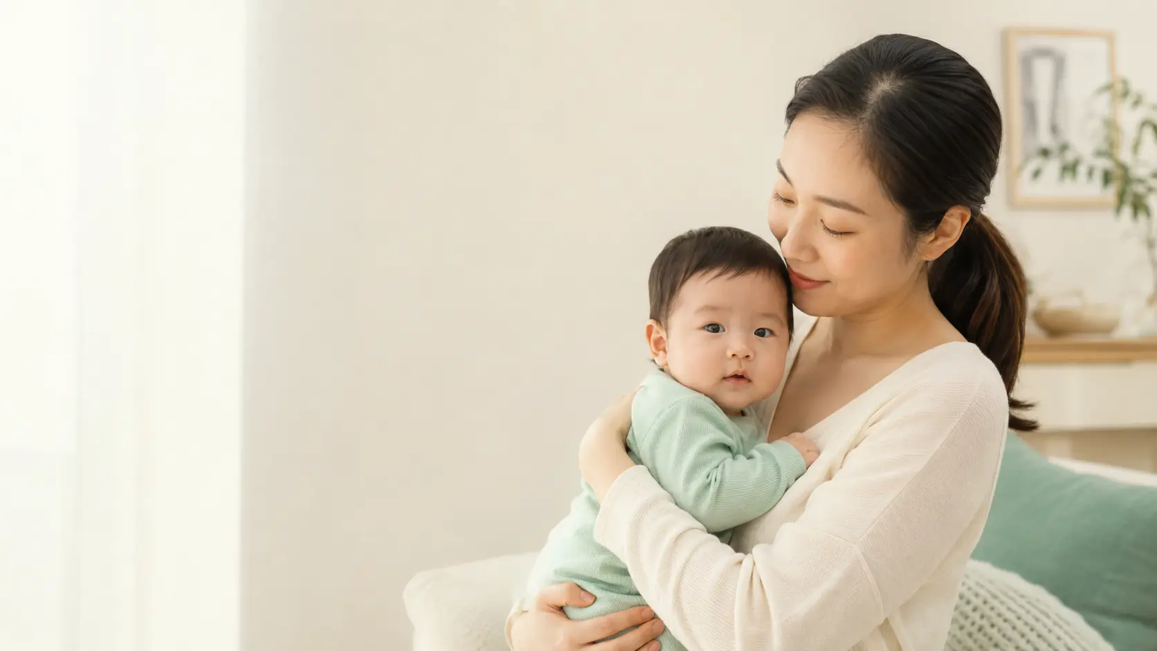 妈妈温柔拥抱宝宝的家庭场景